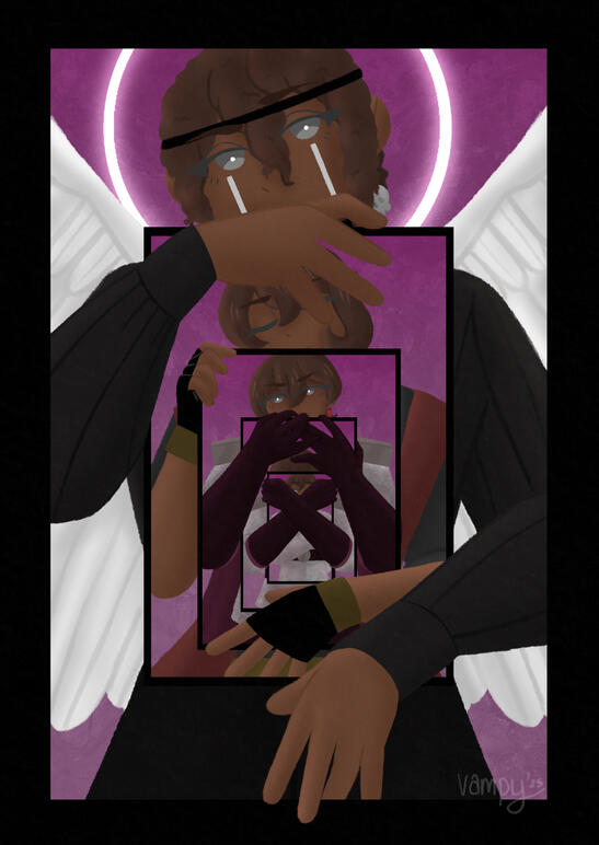 half body example with an oc (including multiple versions of him in the piece)